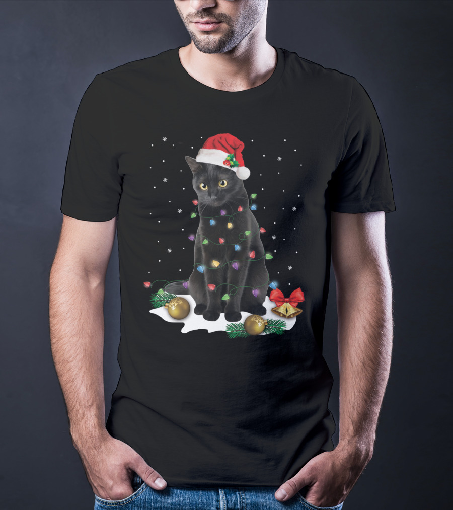Black Cat Santa Christmas Lights Funny Cat Dad Festive Holiday T-Shirt
