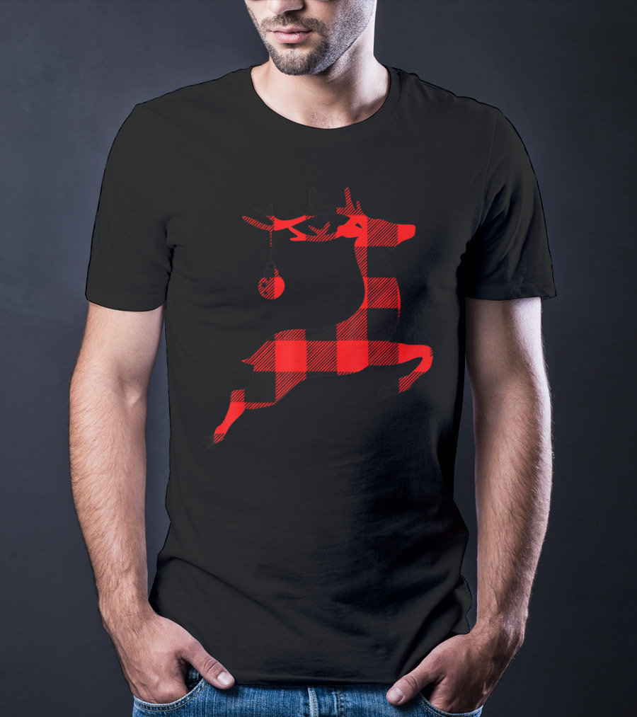 Festive Black And Red Plaid Reindeer Silhouette T-Shirt