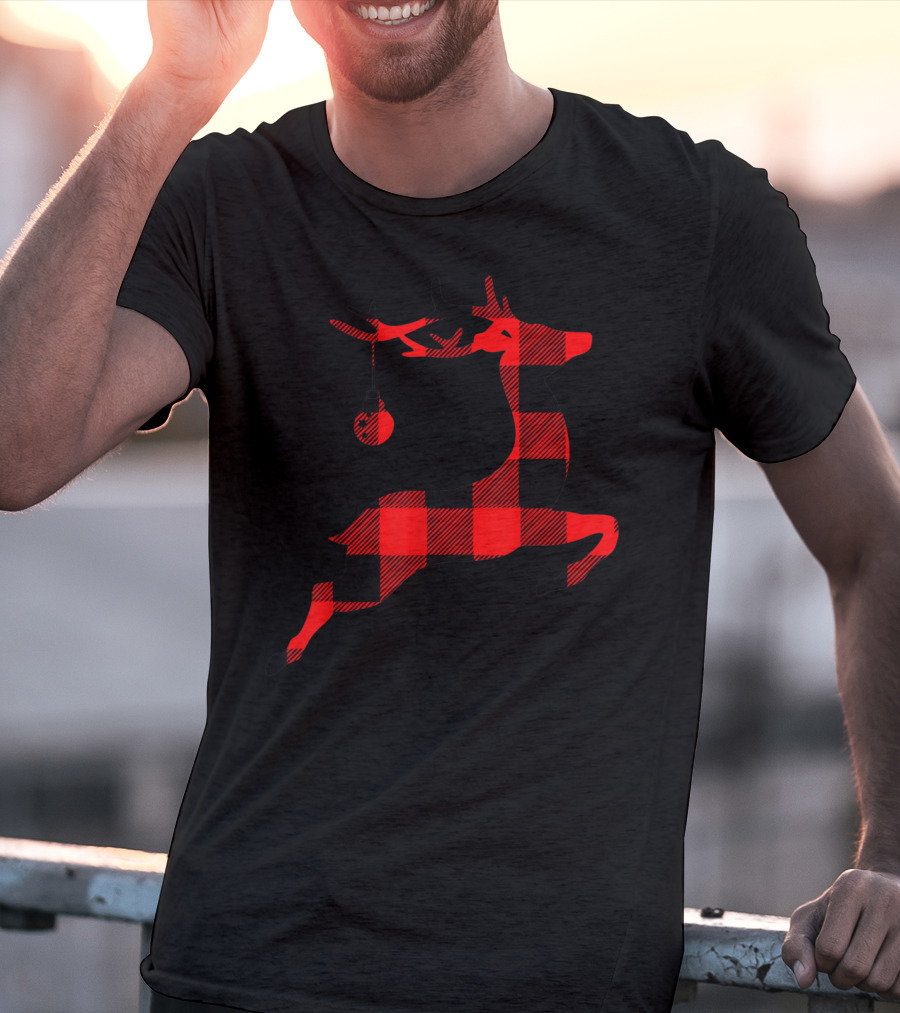 Festive Black And Red Plaid Reindeer Silhouette T-Shirt