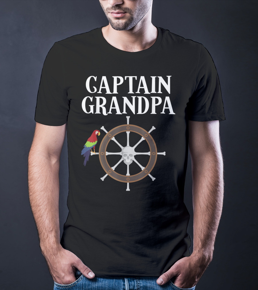 Captain Grandpa Parrot Skull Ship Wheel T-Shirt