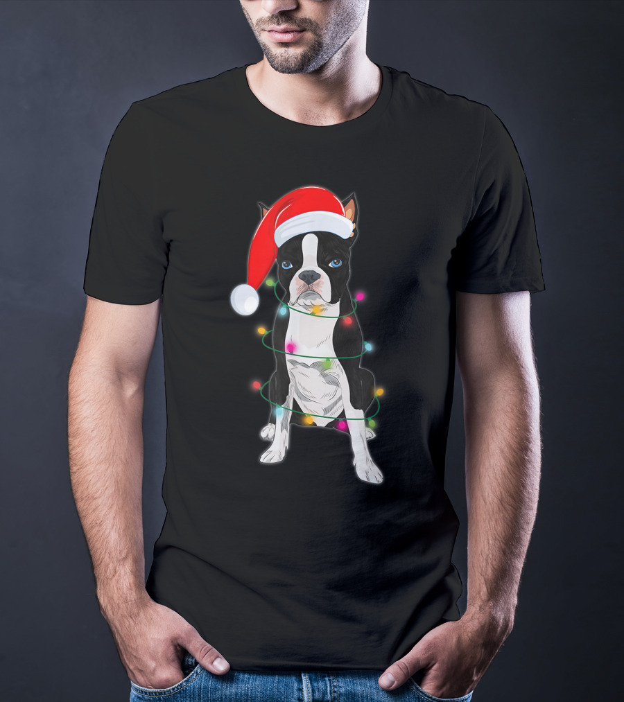 Boston Terrier Wrapped In Christmas Lights With Santa Hat T-Shirt