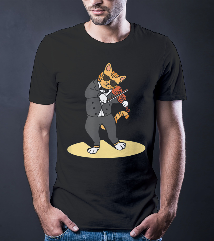 Cat Playing Violin Orchestra Kitten In Tuxedo With Sunglasses T-Shirt