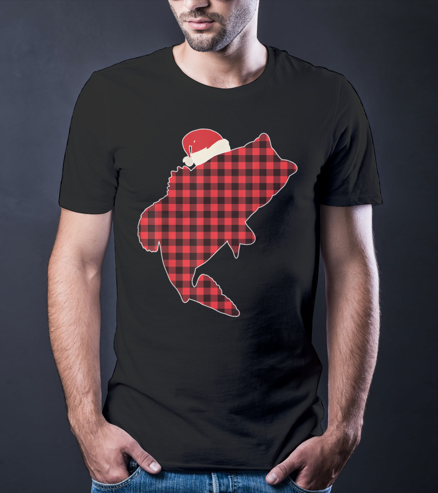 Christmas Fish Santa Hat Red Plaid Buffalo T-Shirt