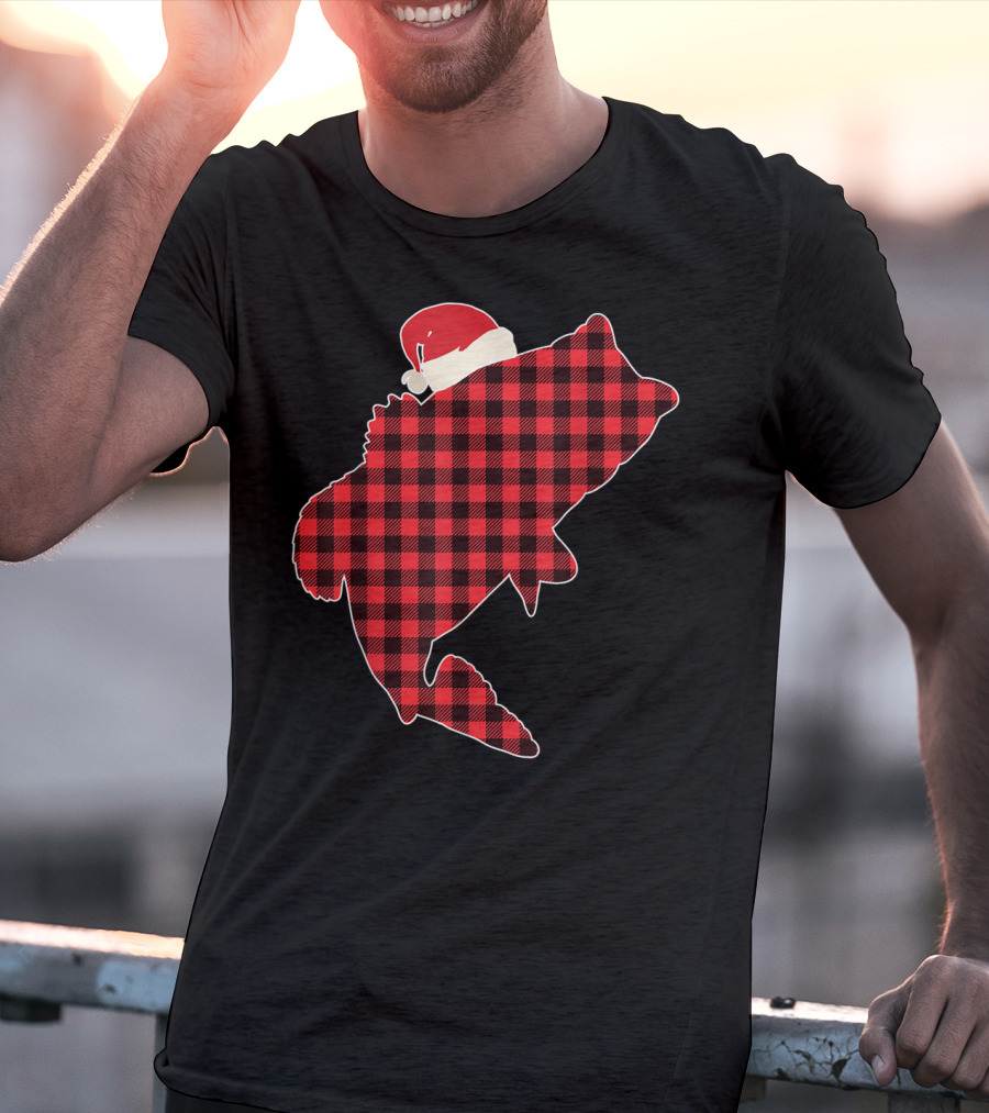Christmas Fish Santa Hat Red Plaid Buffalo T-Shirt
