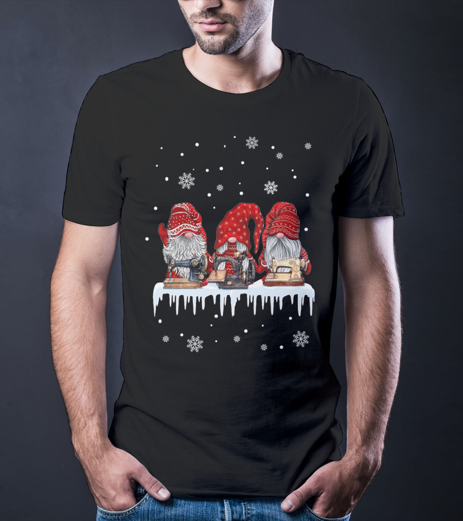 Christmas Gnomes Red Sewing Machine Snowflakes Winter Scene T-Shirt