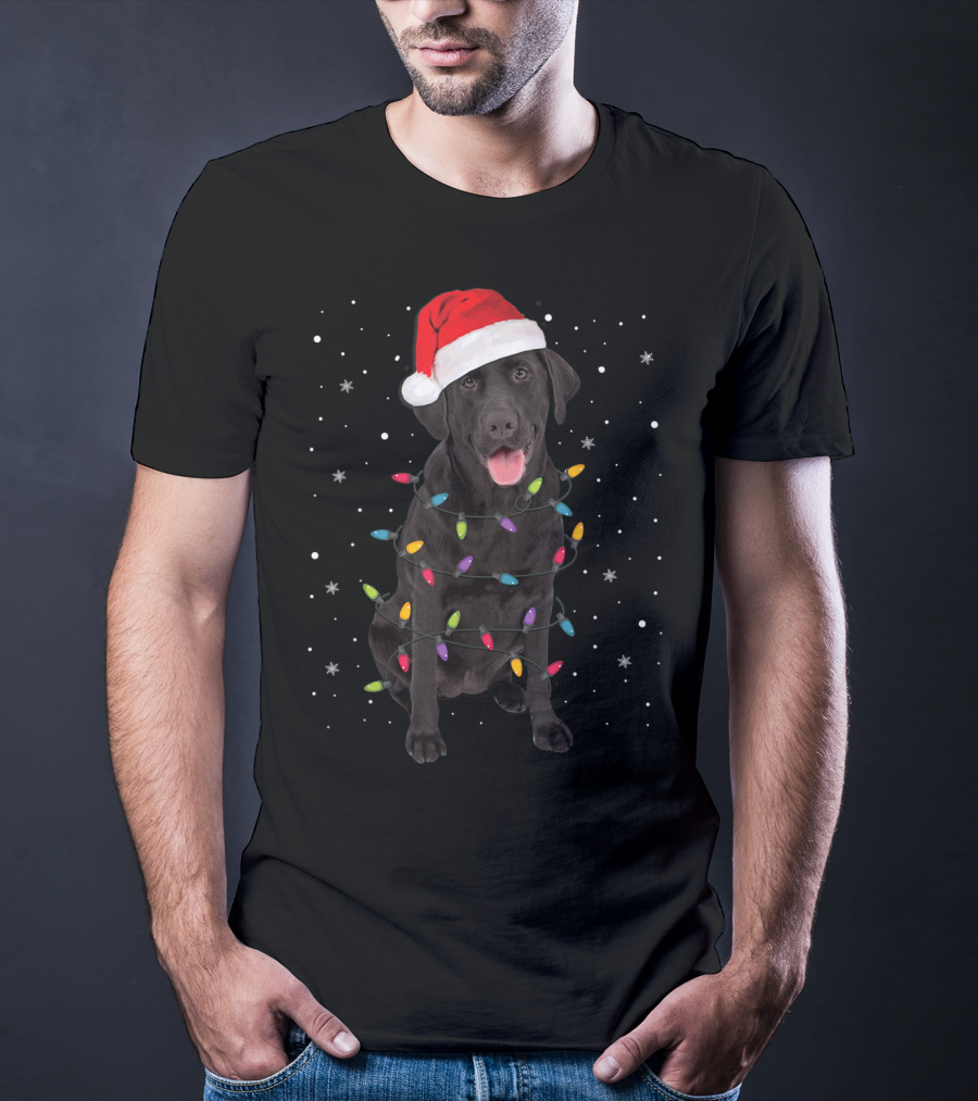 Christmas Black Labrador Retriever With Santa Hat And Holiday Lights T-Shirt