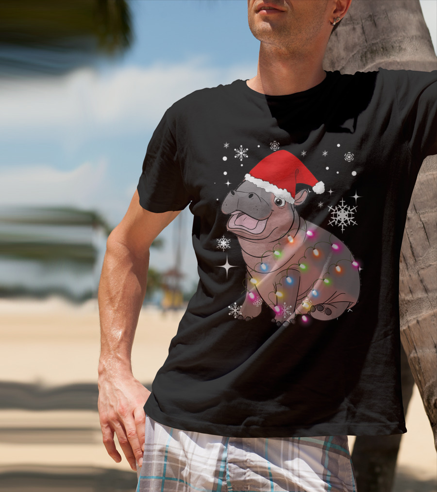 Christmas Lights Baby Hippo Fiona Santa Hat T-Shirt