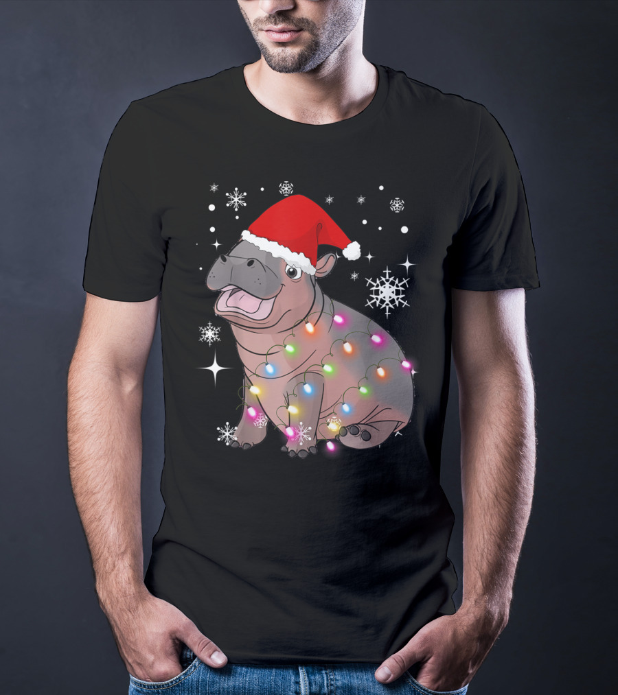 Christmas Lights Baby Hippo Fiona Santa Hat T-Shirt
