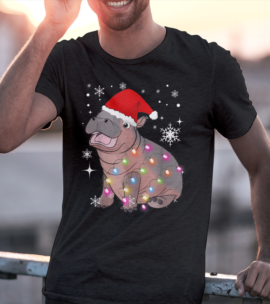 Christmas Lights Baby Hippo Fiona Santa Hat T-Shirt
