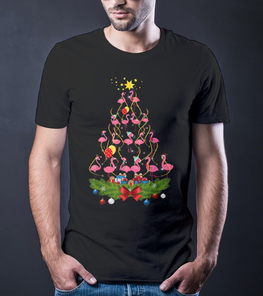 Pink Flamingo Christmas Tree With Santa Hats And Festive Decorations T-Shirt