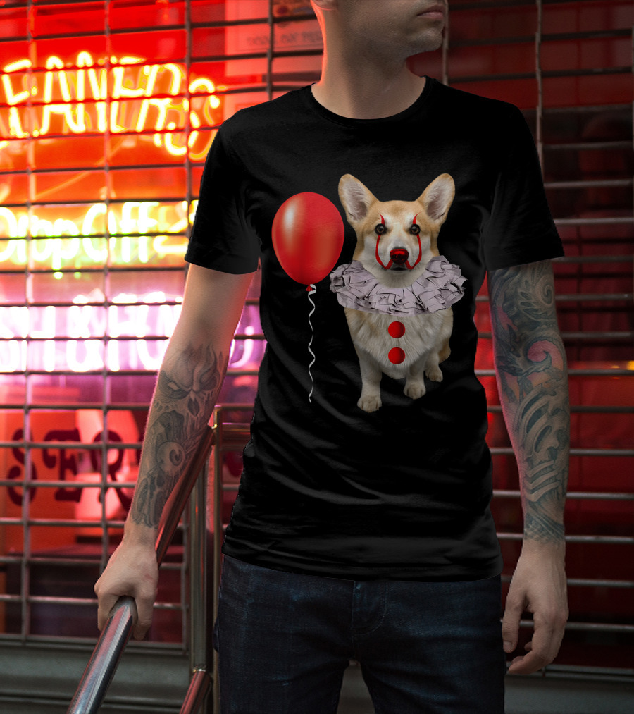 Corgi Clown Costume With Red Balloon Scary Funny Corgi T-Shirt
