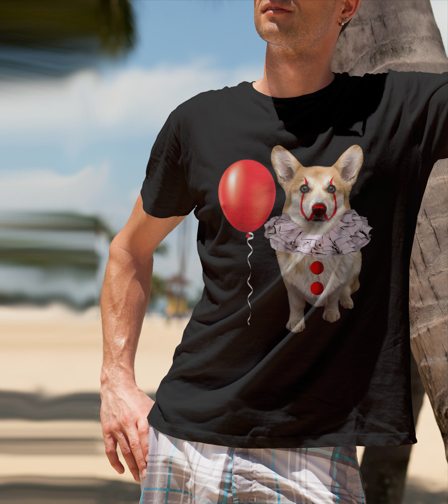 Corgi Clown Costume With Red Balloon Scary Funny Corgi T-Shirt
