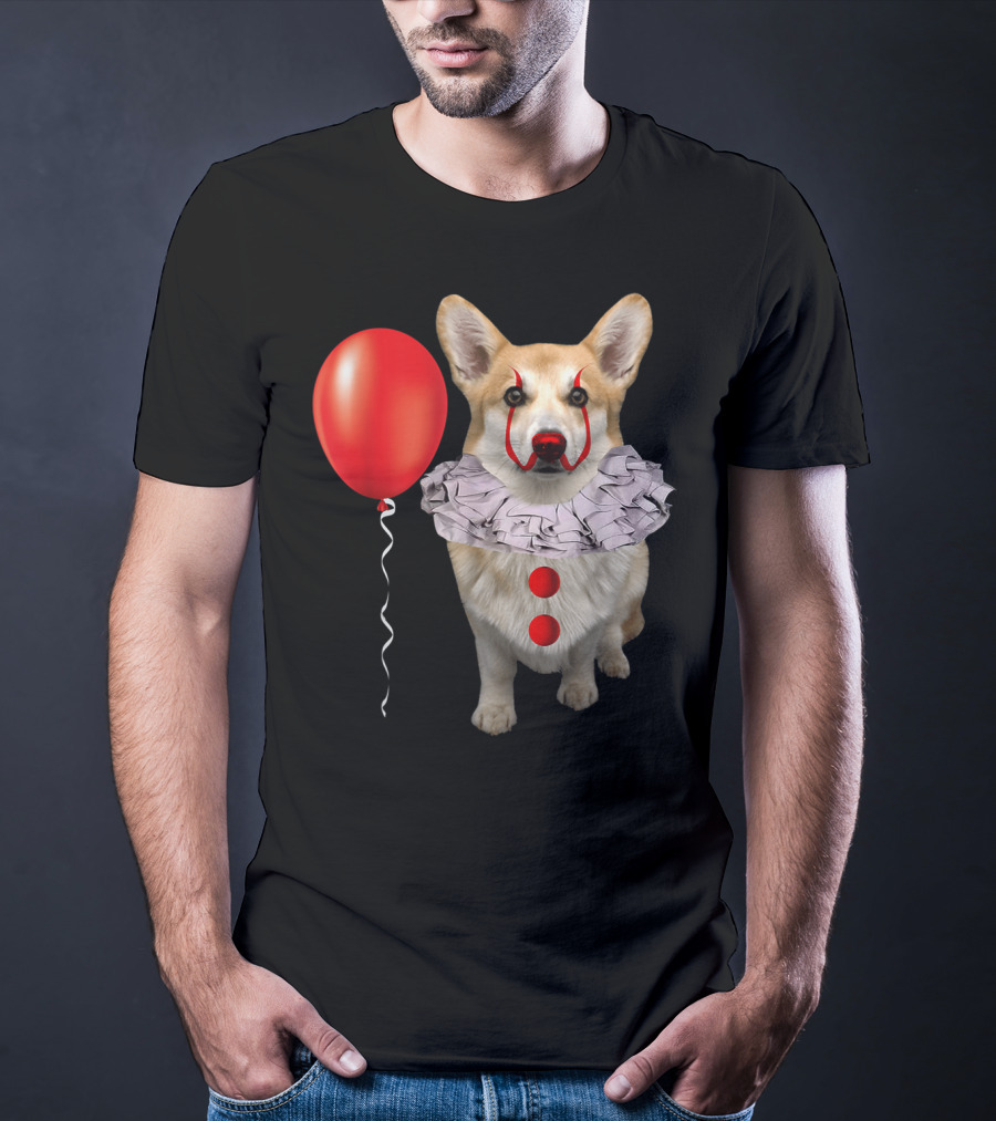 Corgi Clown Costume With Red Balloon Scary Funny Corgi T-Shirt