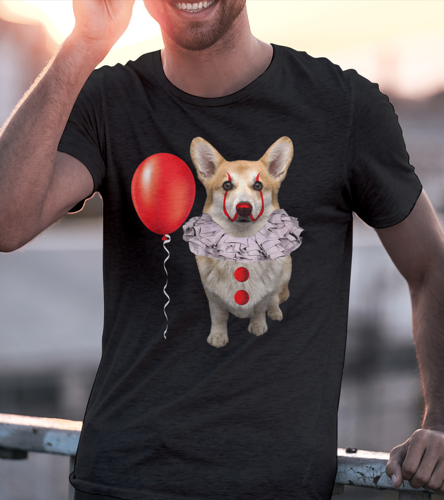Corgi Clown Costume With Red Balloon Scary Funny Corgi T-Shirt