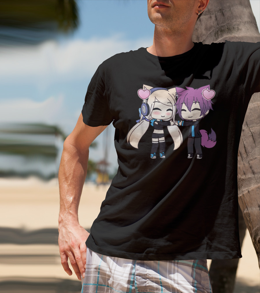 Cute Kawaii Chibi Anime Girl And Boy With Hearts And Cat Ears T-Shirt