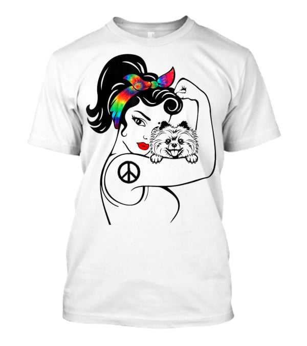 Cute Pomeranian Mom Peace Rainbow Bandana T-Shirt