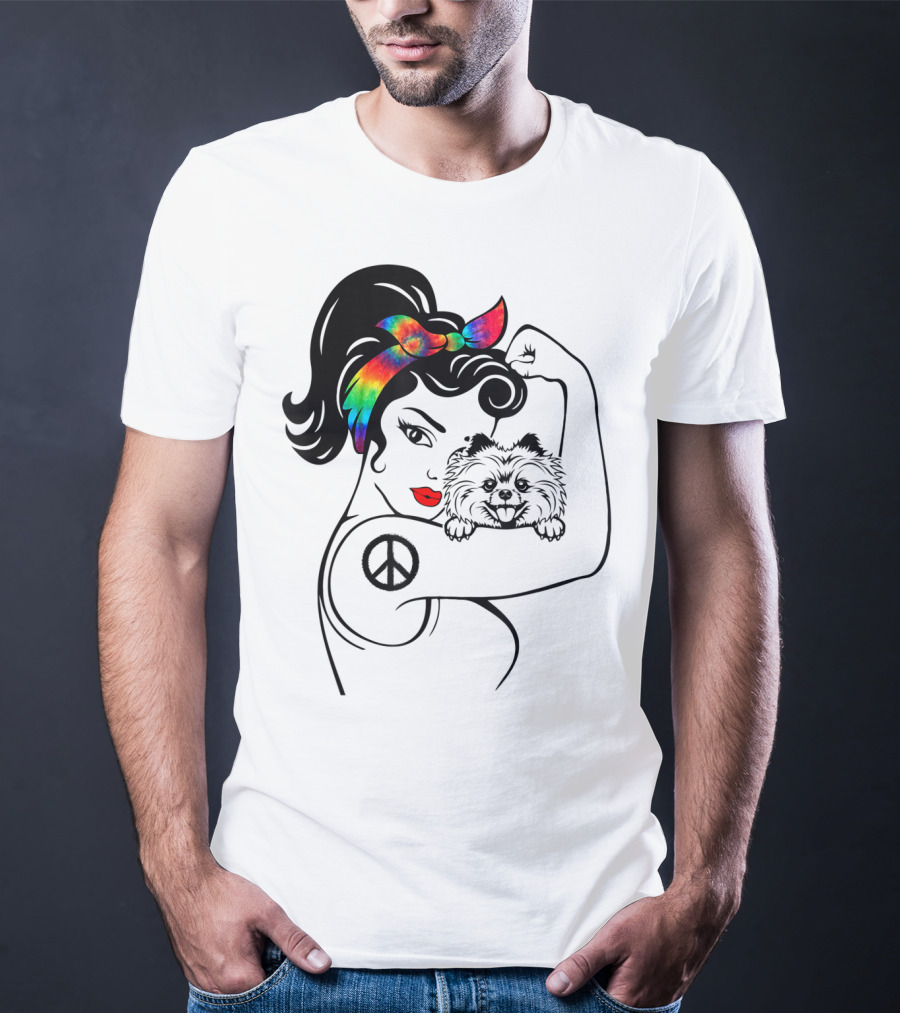 Cute Pomeranian Mom Peace Rainbow Bandana T-Shirt