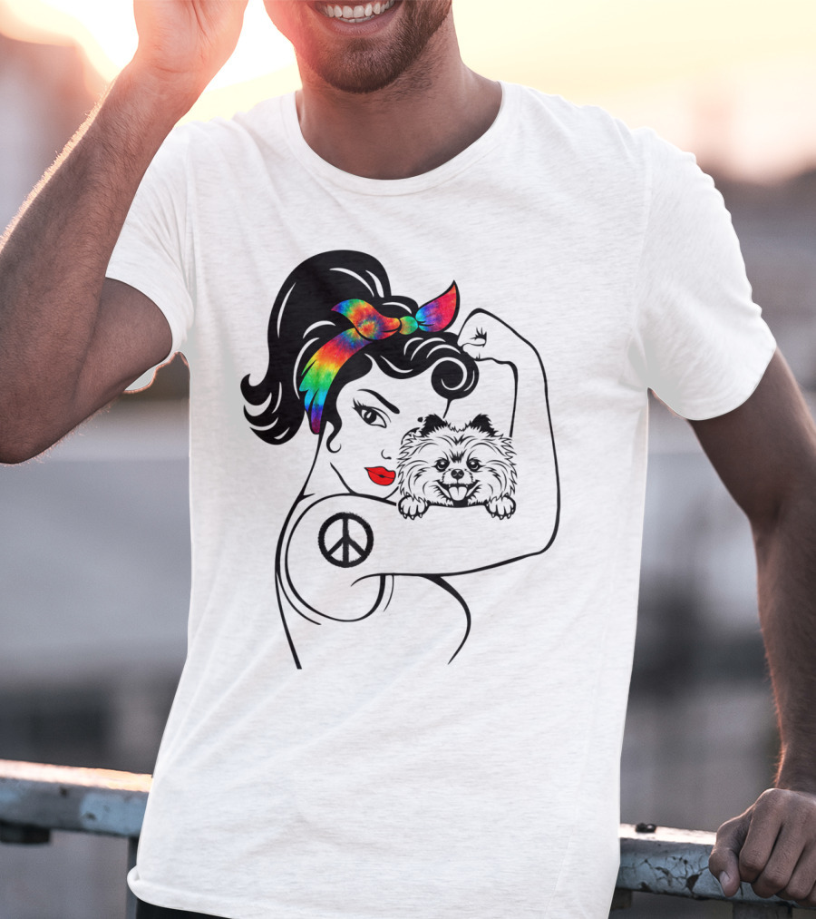 Cute Pomeranian Mom Peace Rainbow Bandana T-Shirt