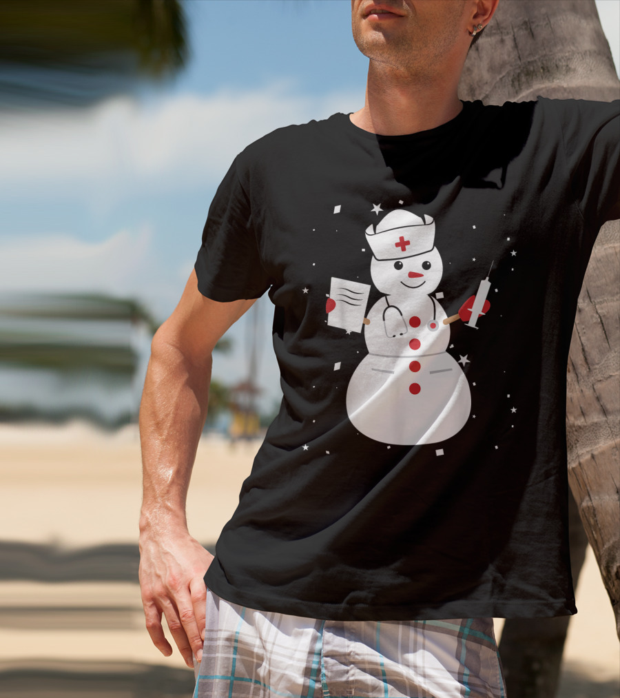 Nurse Snowman Holding Syringe And Clipboard For Cute Christmas Winter T-Shirt