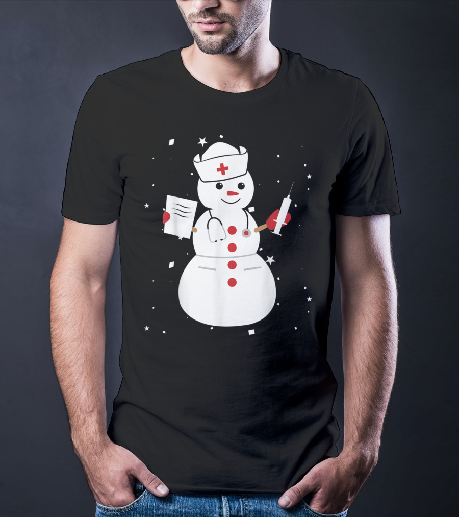 Nurse Snowman Holding Syringe And Clipboard For Cute Christmas Winter T-Shirt