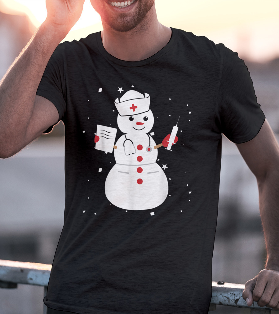 Nurse Snowman Holding Syringe And Clipboard For Cute Christmas Winter T-Shirt