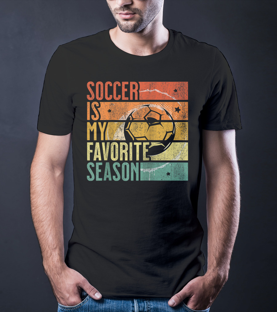 Soccer Is My Favorite Season Vintage Distressed Stripes Football Ball Retro T-Shirt