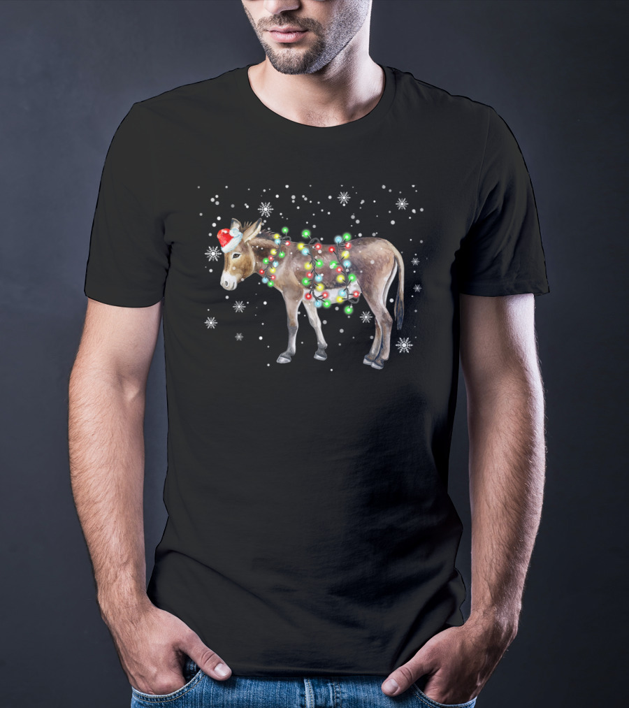 Donkey Christmas Santa Hat Colorful Lights Snowflakes Xmas T-Shirt
