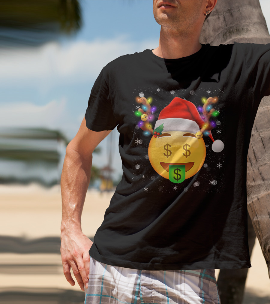 Santa Hat Reindeer Antlers Emoji Money Face T-Shirt