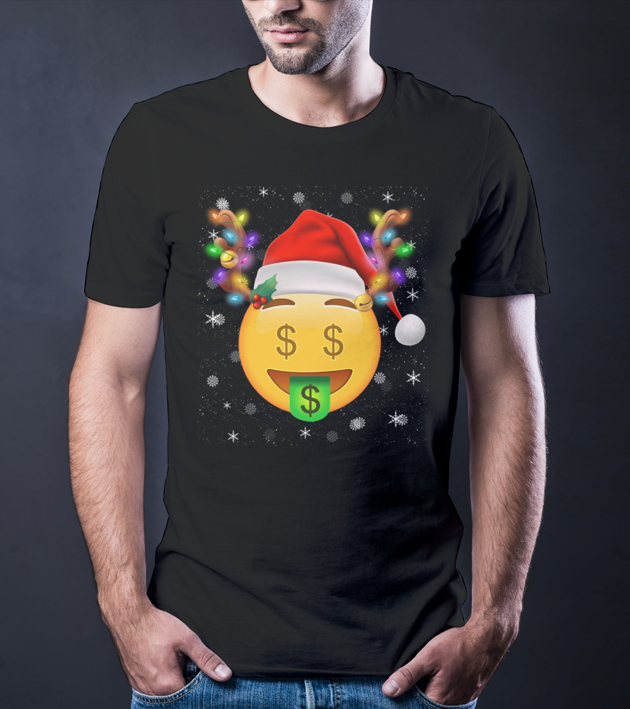 Santa Hat Reindeer Antlers Emoji Money Face T-Shirt