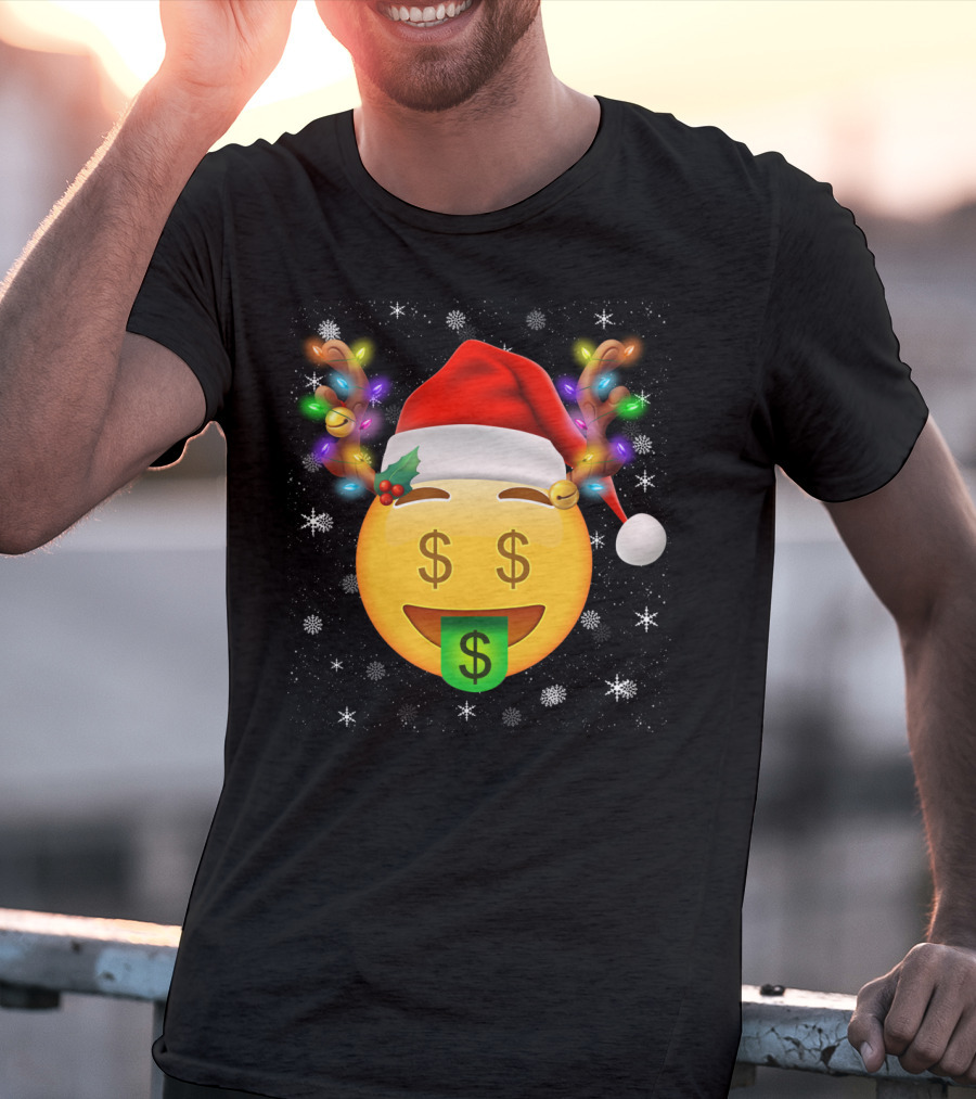 Santa Hat Reindeer Antlers Emoji Money Face T-Shirt