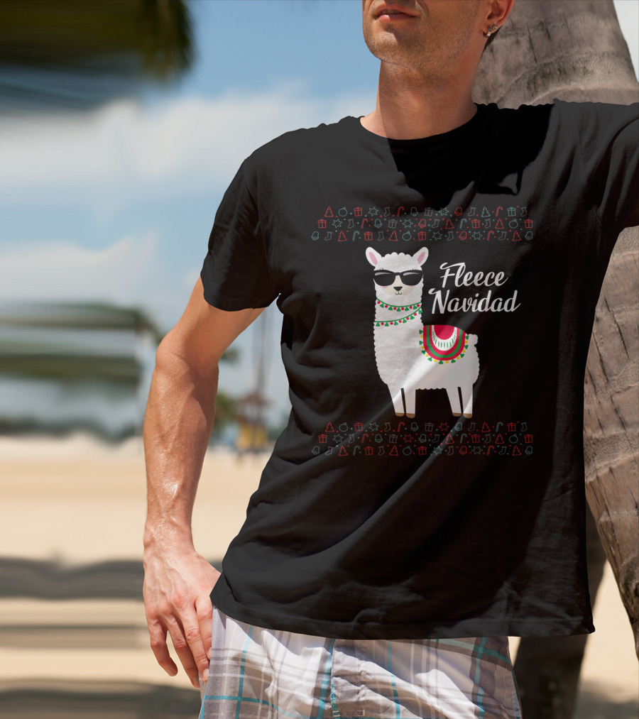Fleece Navidad Feliz Navidad Llama Sunglasses Holiday Icons T-Shirt