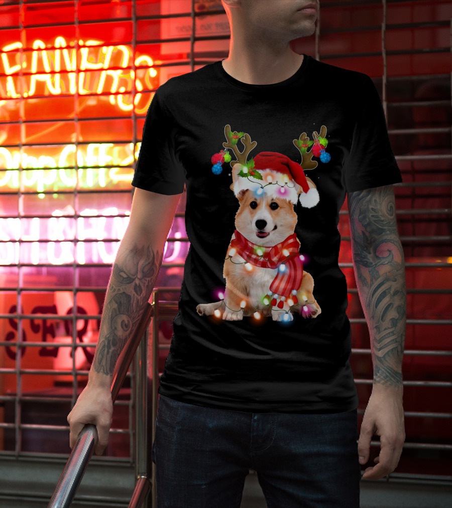 Corgi Christmas Reindeer Antlers Festive Lights And Santa Hat T-Shirt