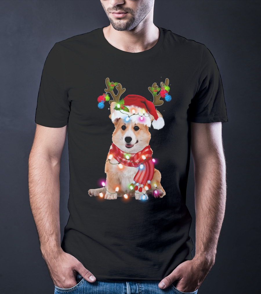 Corgi Christmas Reindeer Antlers Festive Lights And Santa Hat T-Shirt