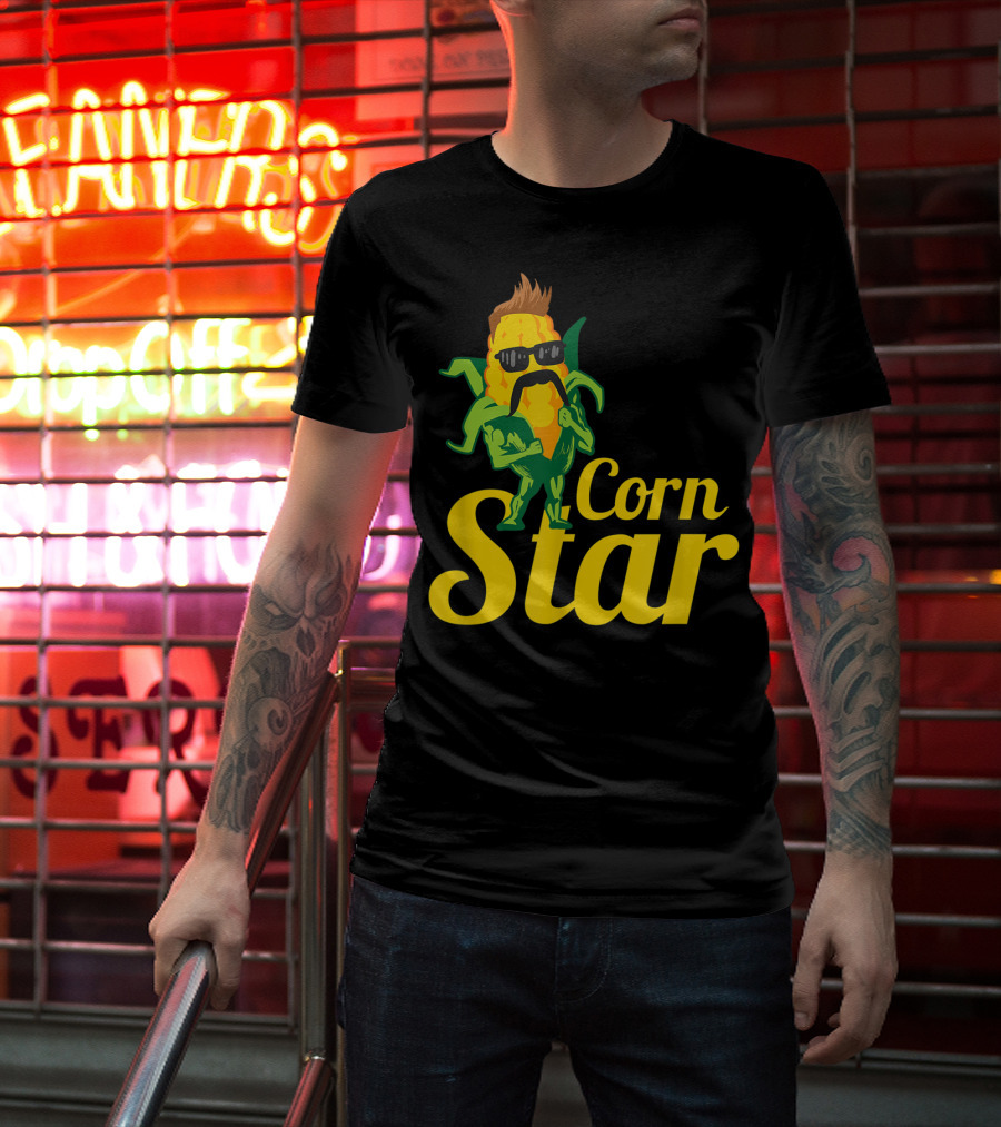 Funny Corn Star With Sunglasses And Mustache Maize Character T-Shirt