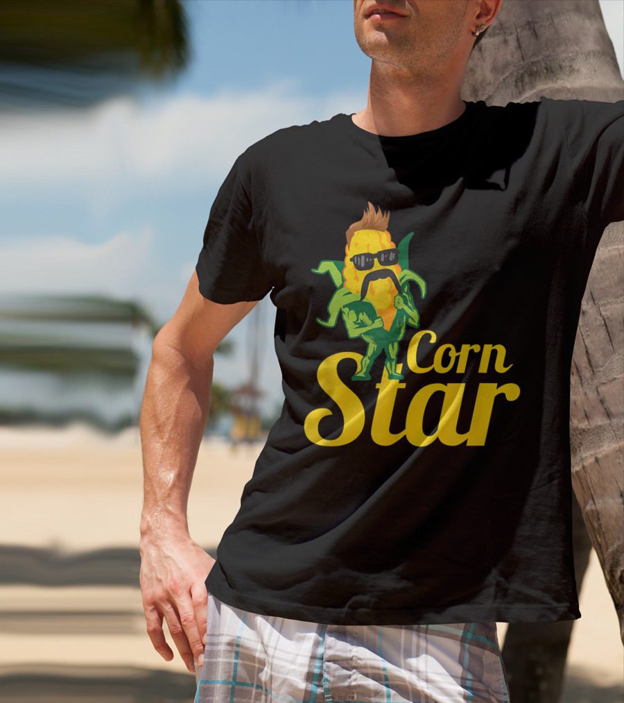 Funny Corn Star With Sunglasses And Mustache Maize Character T-Shirt