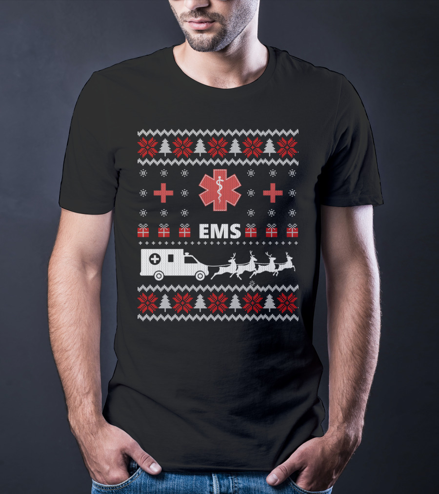 Funny EMS Christmas Ambulance Reindeer Ugly T-Shirt