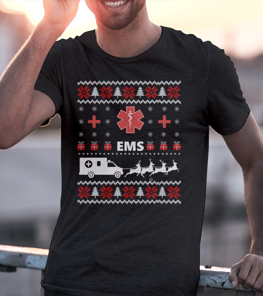Funny EMS Christmas Ambulance Reindeer Ugly T-Shirt