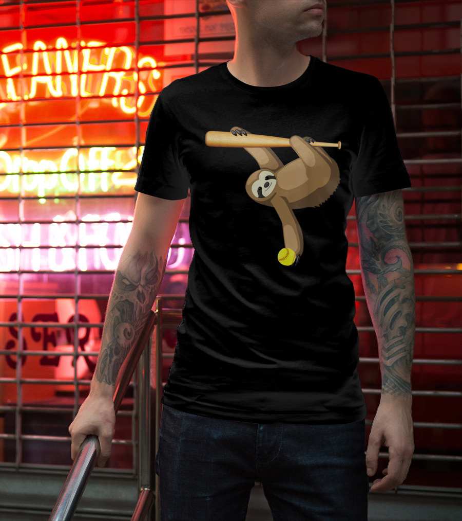 Funny Lazy Sloth Playing Baseball Softball With Bat And Ball T-Shirt