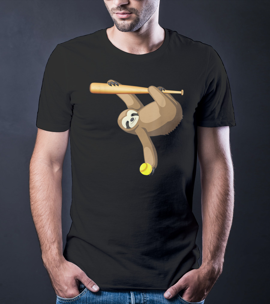 Funny Lazy Sloth Playing Baseball Softball With Bat And Ball T-Shirt
