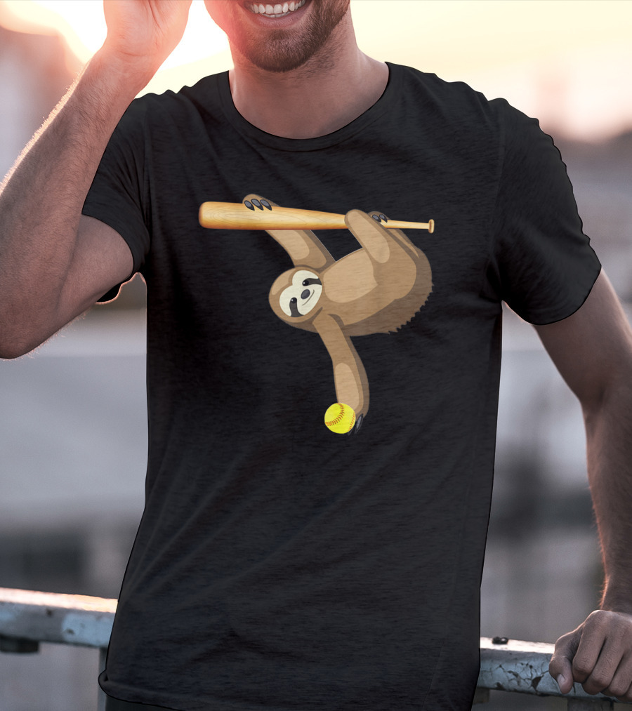 Funny Lazy Sloth Playing Baseball Softball With Bat And Ball T-Shirt