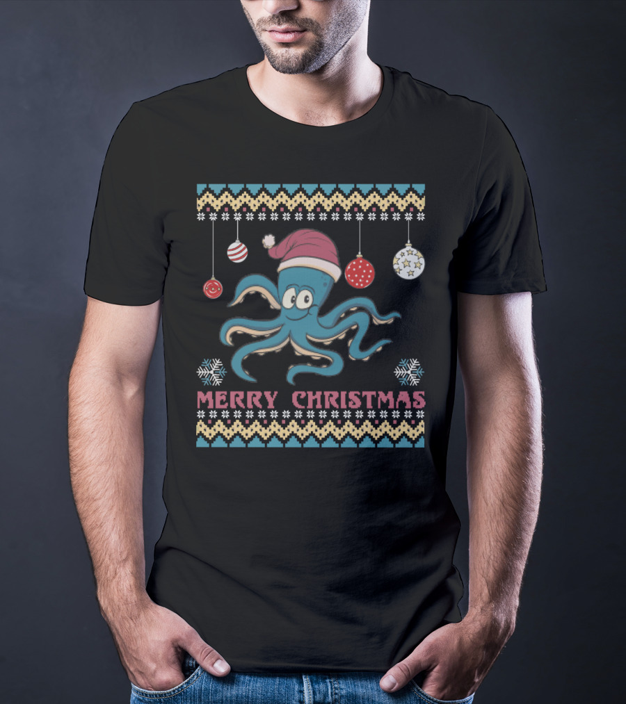 Merry Christmas Funny Octopus Santa Hat Ugly T-Shirt