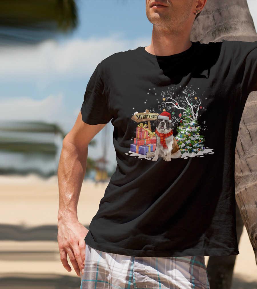 Merry Christmas Saint Bernard Santa Holiday Scene T-Shirt