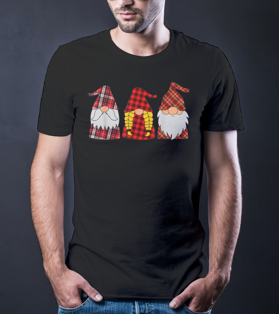 Hanging With Three Red Plaid Gnomies Gnome T-Shirt