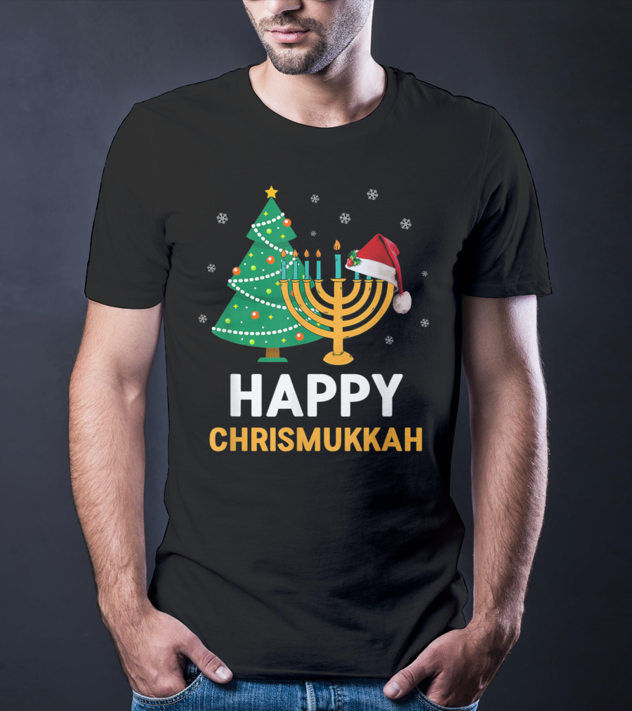 Happy Chrismukkah Funny Hanukkah Christmas Tree Menorah Santa Hat Snowflakes T-Shirt