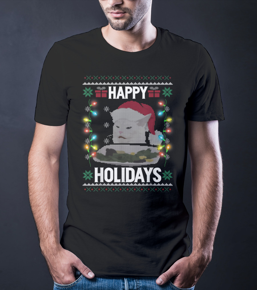 Happy Holidays Yelling Cat Meme Christmas Lights T-Shirt