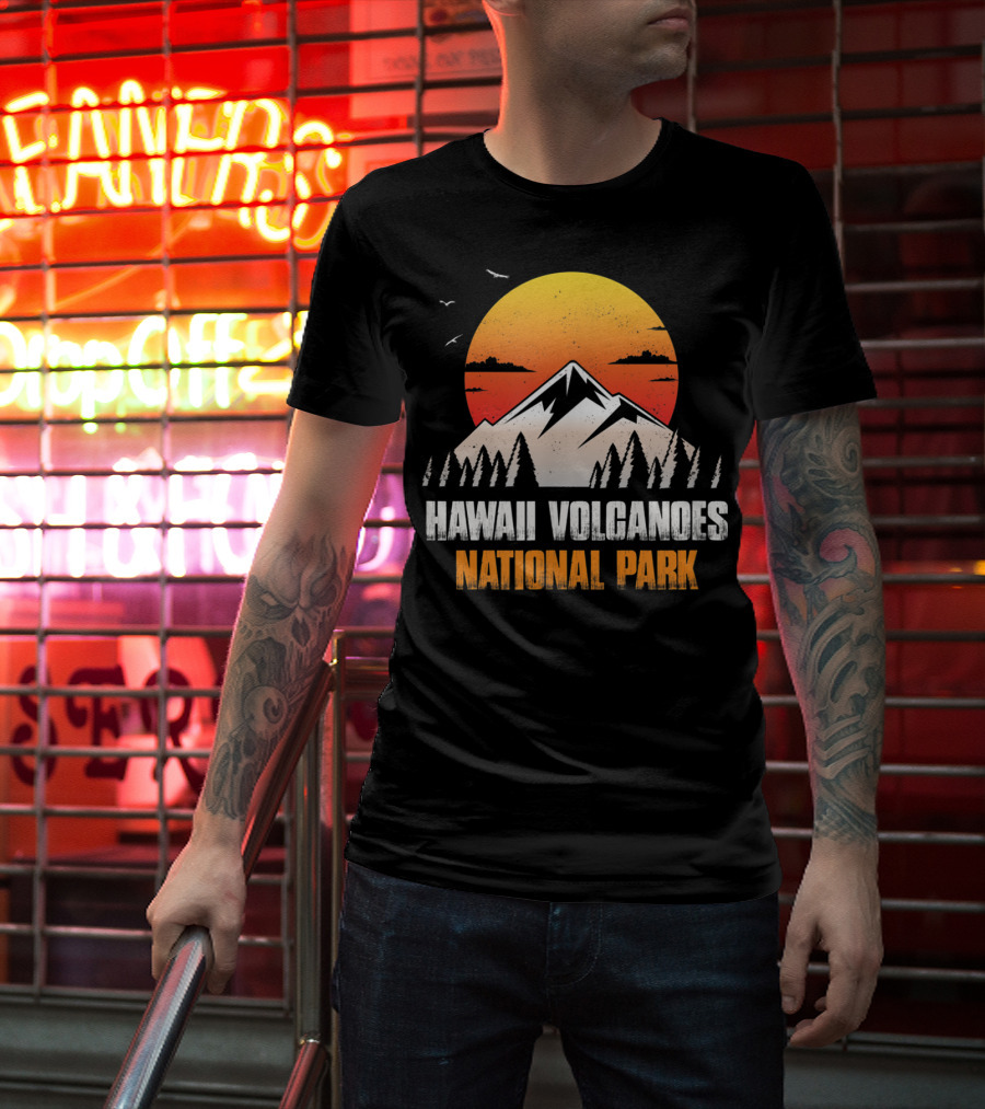 Hawaii Volcanoes National Park Sunset Mountain Landscape With Birds T-Shirt