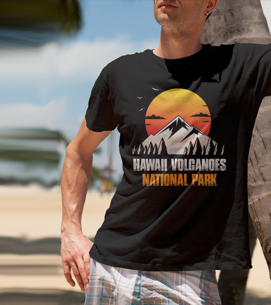 Hawaii Volcanoes National Park Sunset Mountain Landscape With Birds T-Shirt