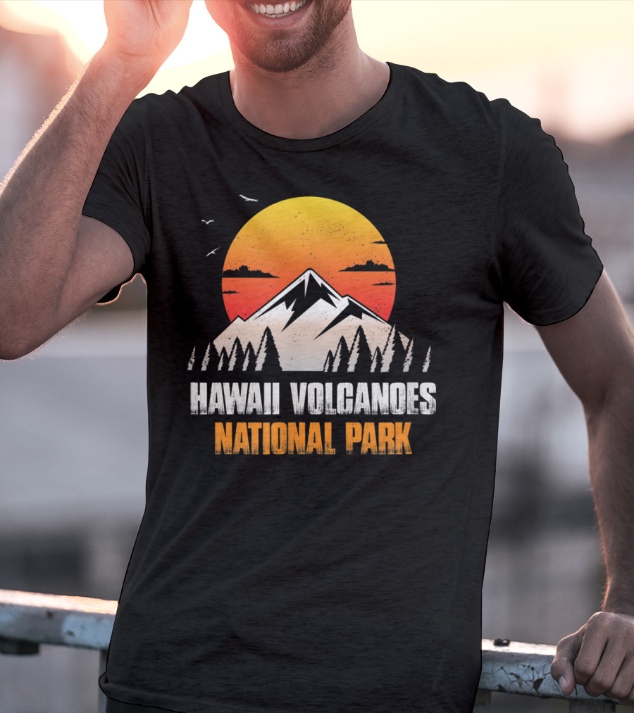 Hawaii Volcanoes National Park Sunset Mountain Landscape With Birds T-Shirt