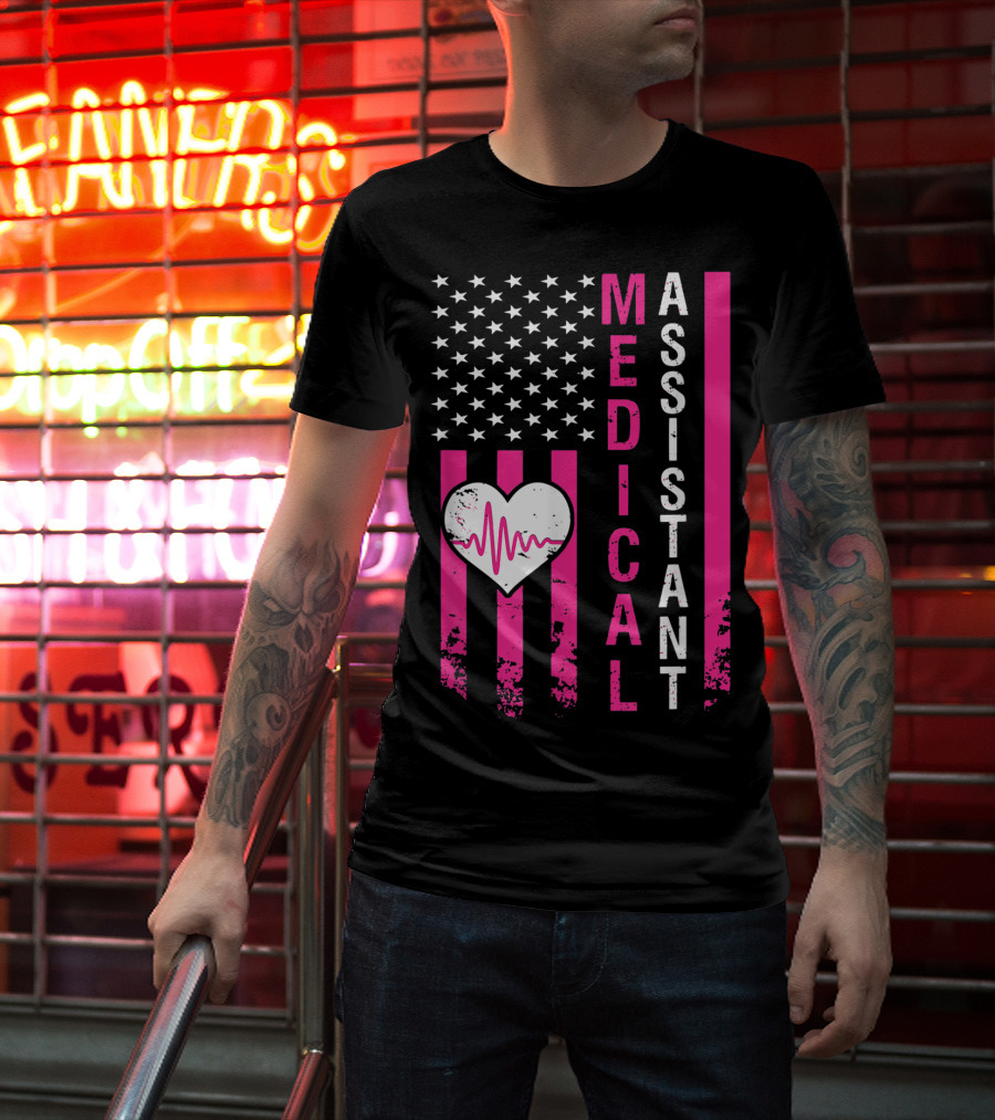 Medical Assistant Heartbeat American Flag T-Shirt