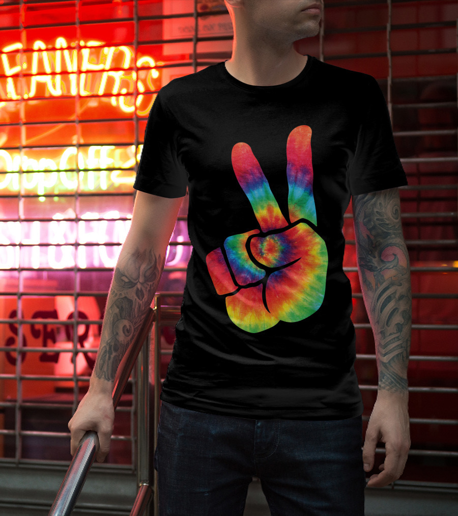 Hippie Tie Dye Peace Hand Colortone Rainbow T-Shirt